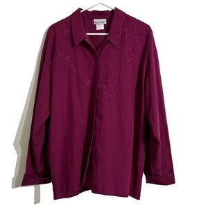Vtg Button Blouse Collar Burgundy Dress Shirt Plus Size Long Sleeve Top 13/14